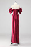 Scintillante Borgogna Off The Shoulder Abito formale con fessura