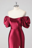 Scintillante Borgogna Off The Shoulder Abito formale con fessura