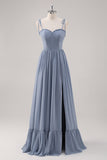 Dusty Blue A Line Corsetto Abito da damigella d'onore lungo con fessura