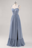 Dusty Blue A Line Corsetto Abito da damigella d'onore lungo con fessura