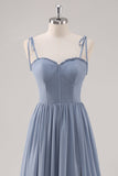 Dusty Blue A Line Corsetto Abito da damigella d'onore lungo con fessura