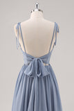 Dusty Blue A Line Corsetto Abito da damigella d'onore lungo con fessura