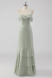 Dusty Sage guaina arruffato Spaghetti Straps abito da damigella d'onore