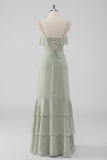 Dusty Sage guaina arruffato Spaghetti Straps abito da damigella d'onore
