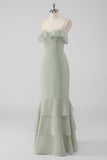 Dusty Sage guaina arruffato Spaghetti Straps abito da damigella d'onore