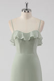 Dusty Sage guaina arruffato Spaghetti Straps abito da damigella d'onore