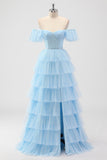 Sky Blue Off The Spalla Corsetto A Strati A Line Abito da damigella d'onore
