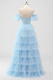 Sky Blue Off The Spalla Corsetto A Strati A Line Abito da damigella d'onore