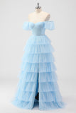 Sky Blue Off The Spalla Corsetto A Strati A Line Abito da damigella d'onore