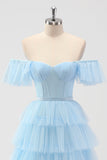 Sky Blue Off The Spalla Corsetto A Strati A Line Abito da damigella d'onore