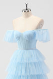Sky Blue Off The Spalla Corsetto A Strati A Line Abito da damigella d'onore