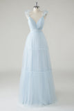 Sky Blue A-Line Ruffles Cinghie Scollo a V Tulle Abito lungo da damigella d'onore