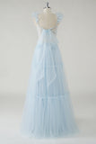 Sky Blue A-Line Ruffles Cinghie Scollo a V Tulle Abito lungo da damigella d'onore