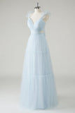 Sky Blue A-Line Ruffles Cinghie Scollo a V Tulle Abito lungo da damigella d'onore