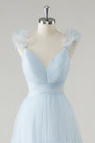 Sky Blue A-Line Ruffles Cinghie Scollo a V Tulle Abito lungo da damigella d'onore