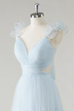 Sky Blue A-Line Ruffles Cinghie Scollo a V Tulle Abito lungo da damigella d'onore