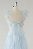 Sky Blue A-Line Ruffles Cinghie Scollo a V Tulle Abito lungo da damigella d'onore