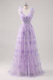 Fiore di lavanda una linea tagliata plissettato abito da damigella d'onore lungo