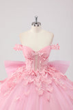 Principessa Blush Pink Ball Gown Off the Spalla Beaded Butterfly Tulle Quinceanera Dress con Fiocco