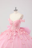 Principessa Blush Pink Ball Gown Off the Spalla Beaded Butterfly Tulle Quinceanera Dress con Fiocco