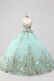Principessa menta Ball Gown Spaghetti Straps Tulle Quinceanera Dress con Fiore Appliques