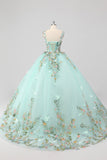 Principessa menta Ball Gown Spaghetti Straps Tulle Quinceanera Dress con Fiore Appliques