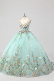Principessa menta Ball Gown Spaghetti Straps Tulle Quinceanera Dress con Fiore Appliques