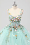 Principessa menta Ball Gown Spaghetti Straps Tulle Quinceanera Dress con Fiore Appliques