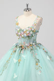 Principessa menta Ball Gown Spaghetti Straps Tulle Quinceanera Dress con Fiore Appliques