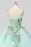 Principessa menta Ball Gown Spaghetti Straps Tulle Quinceanera Dress con Fiore Appliques