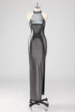 Abito formale scintillante grigio argento Halter Shath con fessura