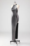 Abito formale scintillante grigio argento Halter Shath con fessura