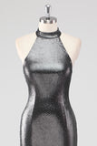Abito formale scintillante grigio argento Halter Shath con fessura