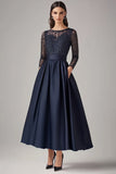 Sparkly Navy Beaded A Line Maniche Lunghe Madre Del Vestito Da Sposa Con Pizzo