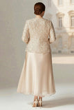 Abito Champagne A Line Due Pezzi Mamma della Sposa taglia grande con maniche lunghe
