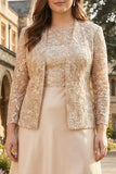 Abito Champagne A Line Due Pezzi Mamma della Sposa taglia grande con maniche lunghe
