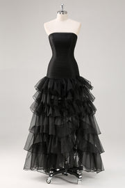 Abito formale nero a balze in tulle senza spalline a strati
