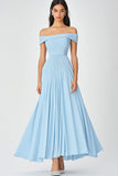 Off the Shoulder Sky Blue A Line Increspato Chiffon Abito Formale