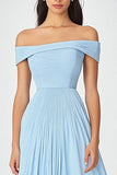 Off the Shoulder Sky Blue A Line Increspato Chiffon Abito Formale