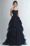 Organza Navy Tiered senza spalline A Line Abito formale