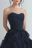 Organza Navy Tiered senza spalline A Line Abito formale