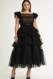 Abito formale Midi in tulle più taglia con volant nero a linea A