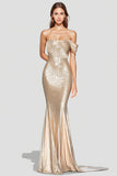 Sparkly Mermaid Champagne Off Shoulder Abito formale plissettato con paillettes