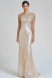 Scintillante Champagne Mermaid One Shoulder Abito Formale con Paillettes