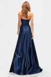 Beaded Navy Blue A Line Sweetheart Satin Sparkly Abito formale con fessura