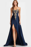 Beaded Navy Blue A Line Sweetheart Satin Sparkly Abito formale con fessura