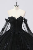 Abito da ballo nero Off the Shoulder Tulle Quinceanera Dress con fiori 3D