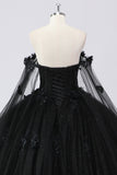 Abito da ballo nero Off the Shoulder Tulle Quinceanera Dress con fiori 3D