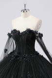 Abito da ballo nero Off the Shoulder Tulle Quinceanera Dress con fiori 3D