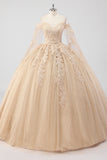 Principessa Champagne Off the Shoulder Maniche a mantella Tulle Abito Quinceanera con applicazioni